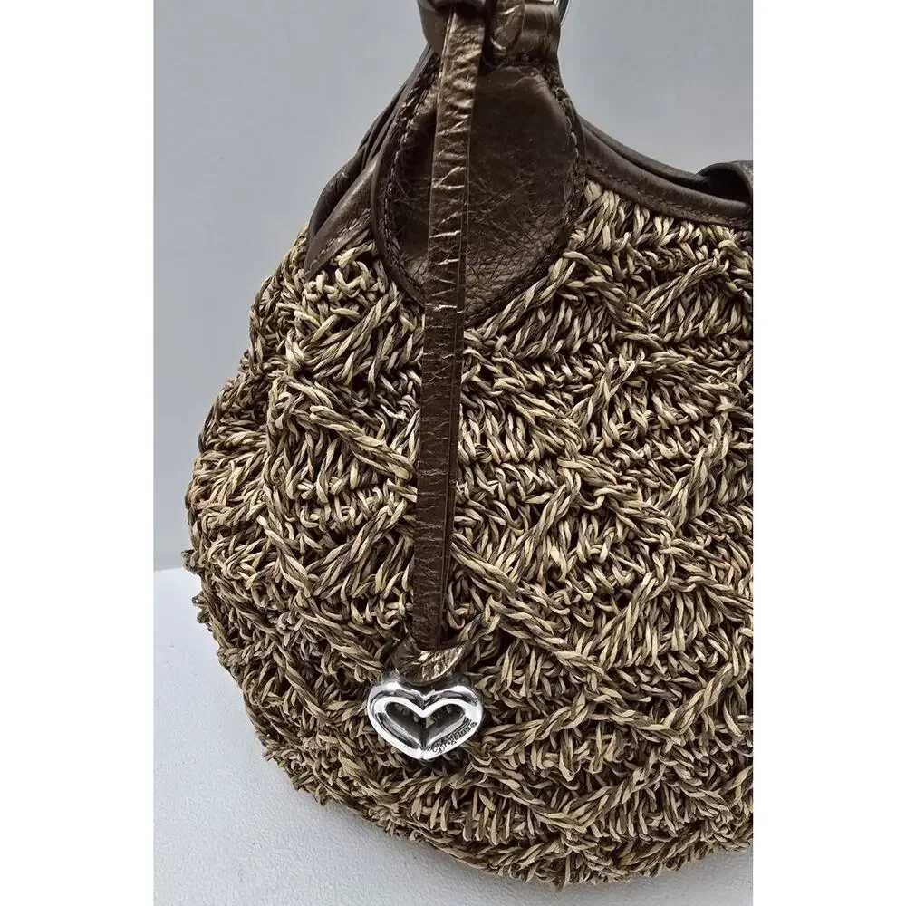 BRIGHTON VINTAGE Woven Straw Shoulder Hobo Bag Bronze Leather Trim Charm